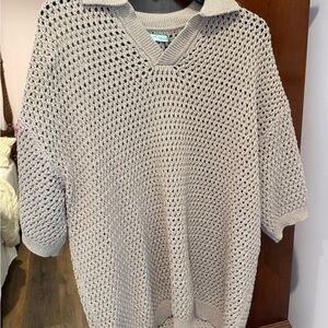 Zara Beige Knit Short-Sleeve Polo Sweater